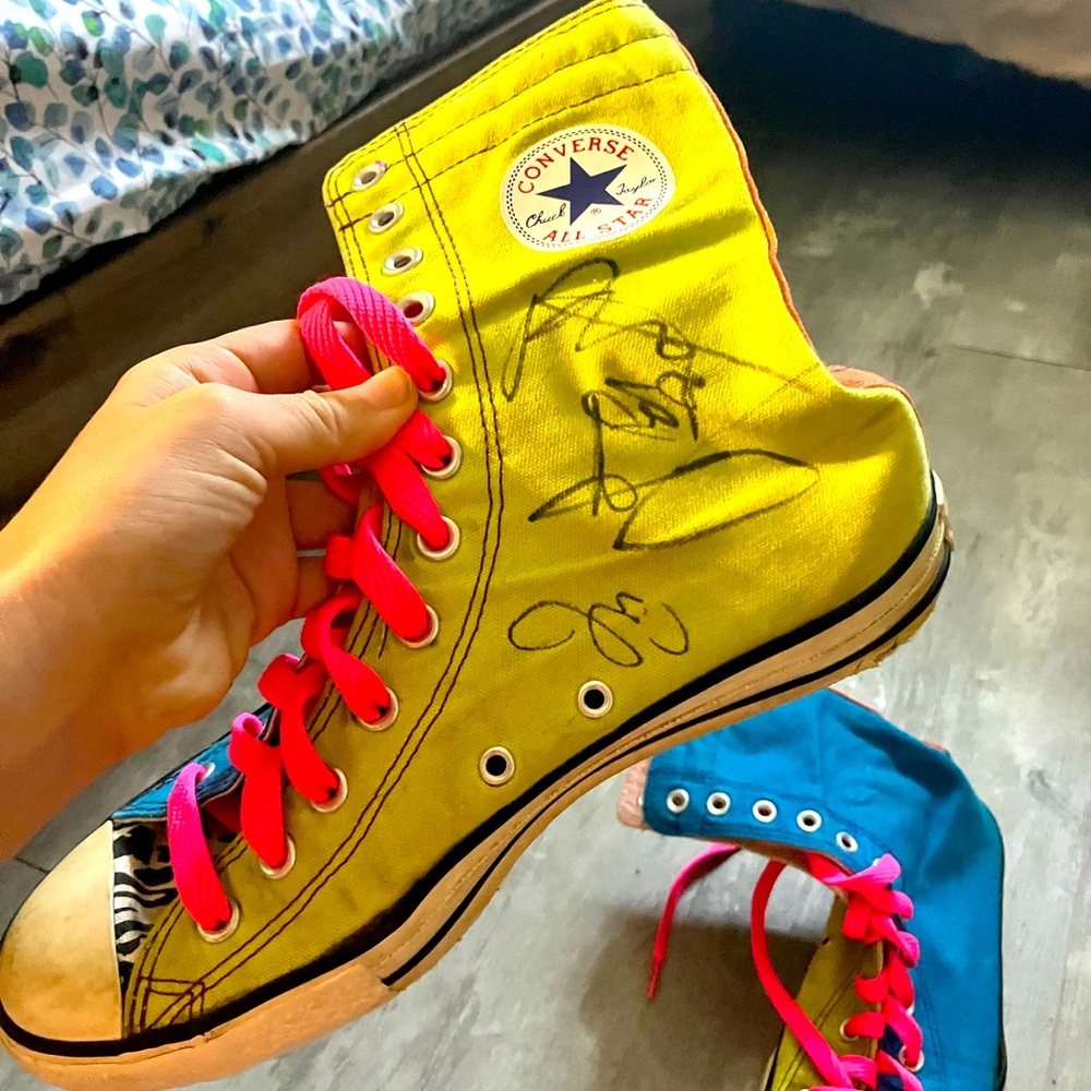 Converse High-Tops with Pink Laces-autographed by Pete Wentz